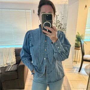 Hunter Bell Puff-Sleeve Tie-Neck Denim Blouse